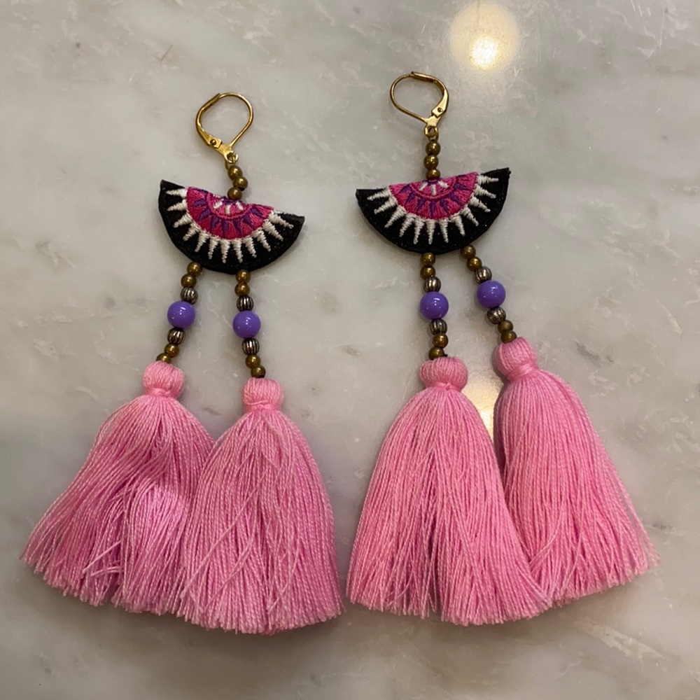 Pink fringe statement earrings
